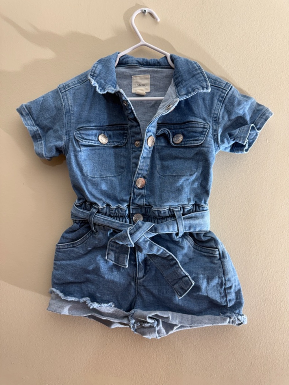 Sfera Denim Romper Toddler 4-5 Belted Short Sleeve Button Front Blue